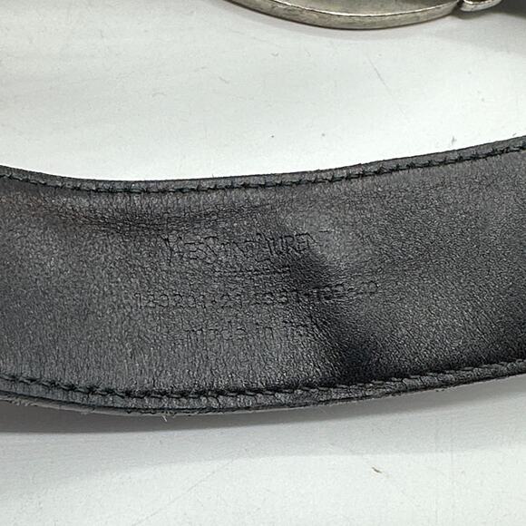 YVES SAINT LAURENT Silver Bubble Letter Logo Belt Leather Black Sz 100/40 $620 - Picture 7 of 8